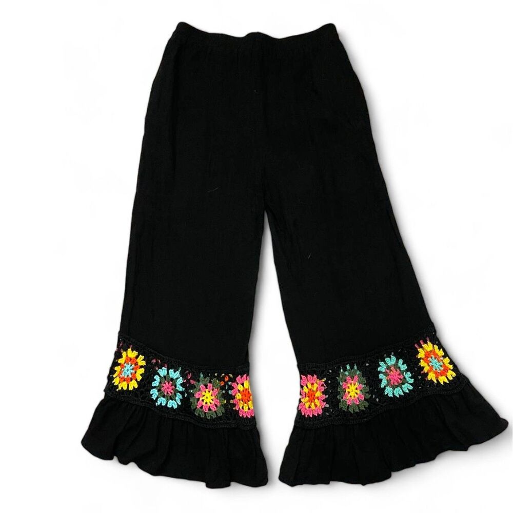 UMGEE Black Linen Blend Wide Leg Pants with Crochet Details, Size LARGE